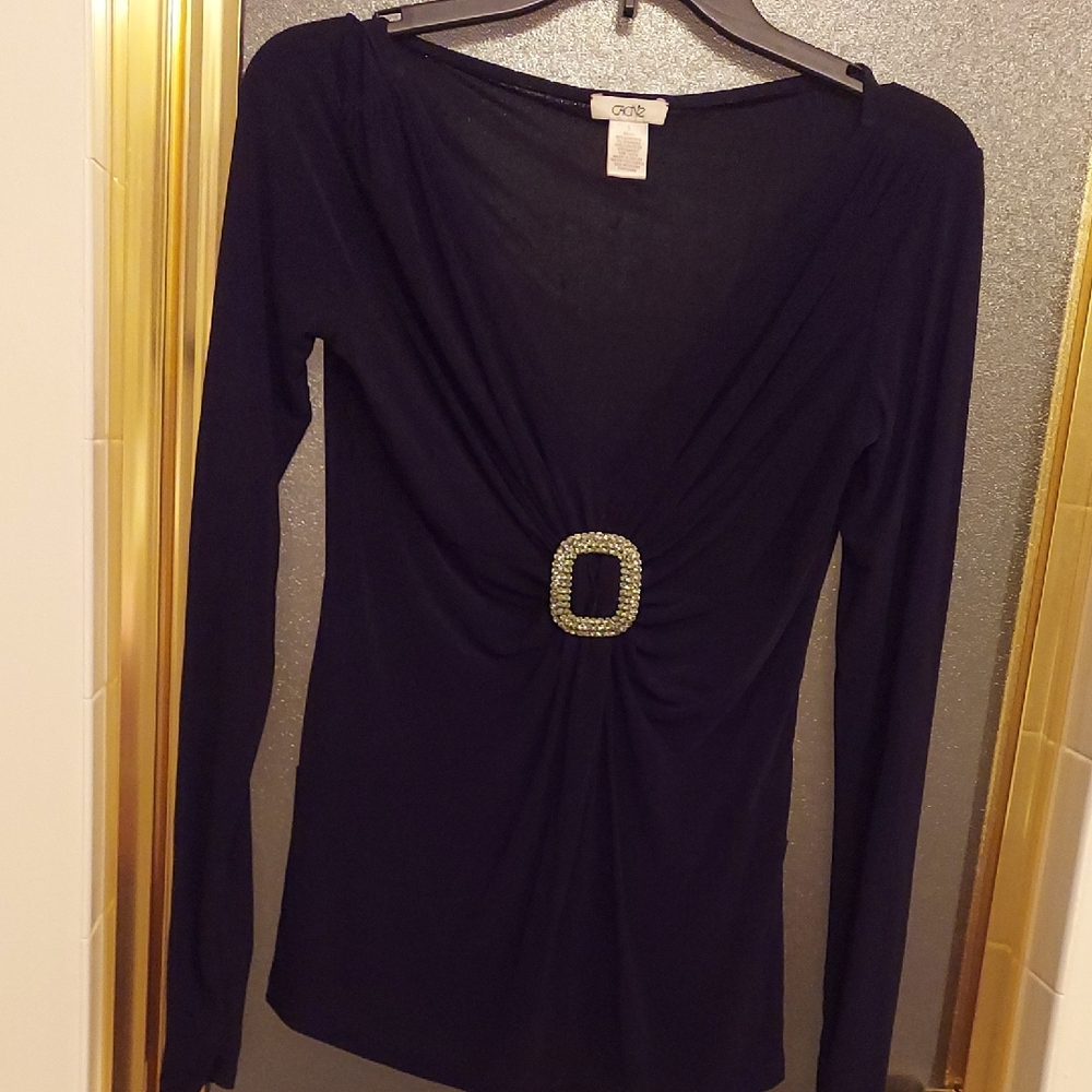 Cache Black Long Sleeve V-Neck Top with Rhinestone Buckle